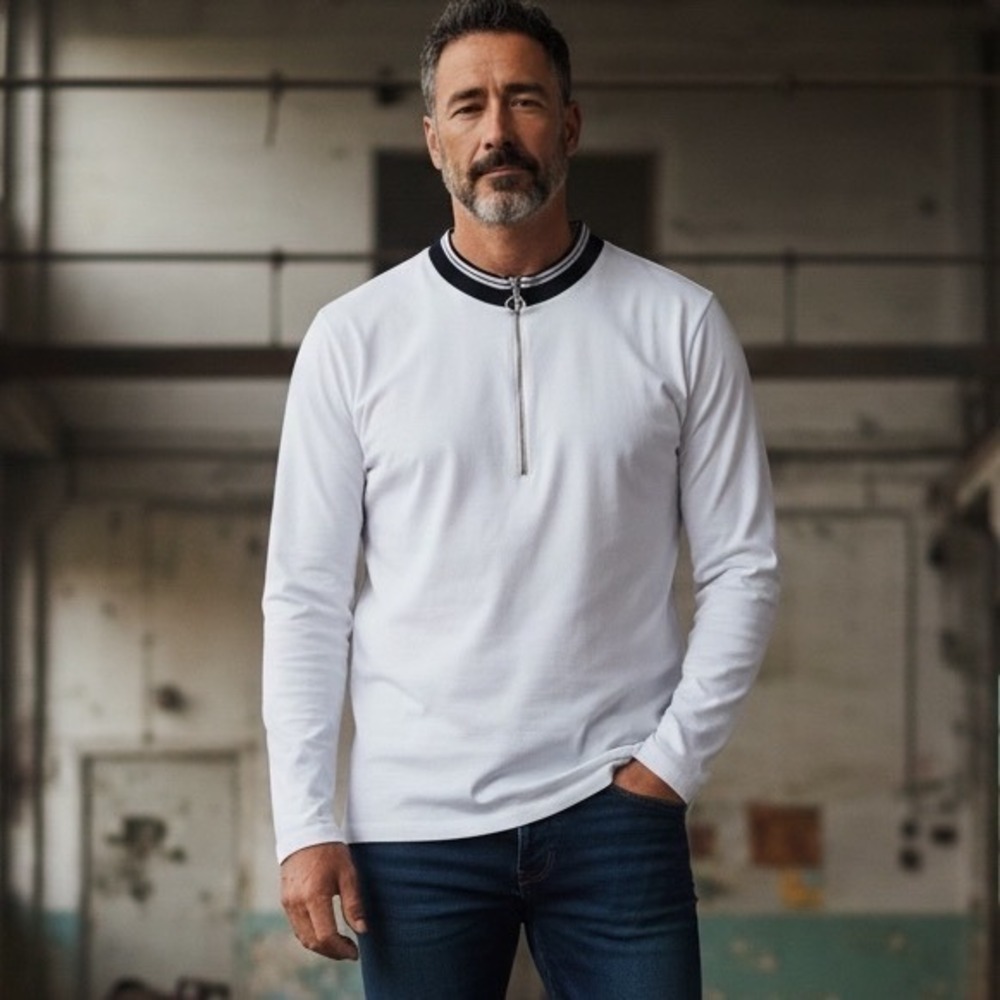 Reiss Monty Mens White Pique Cotton Long Sleeve Quarter Zip Polo Shirt‎ Large